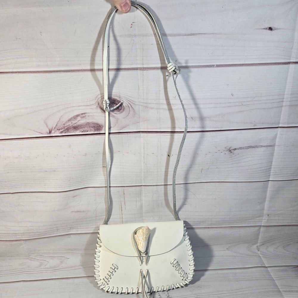 Leather Crossbody Bag Shell Accent White Purse Small -  Handmade Boho Chic